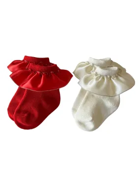 2-Pack Satin Ruffle Socks, Red & Ivory