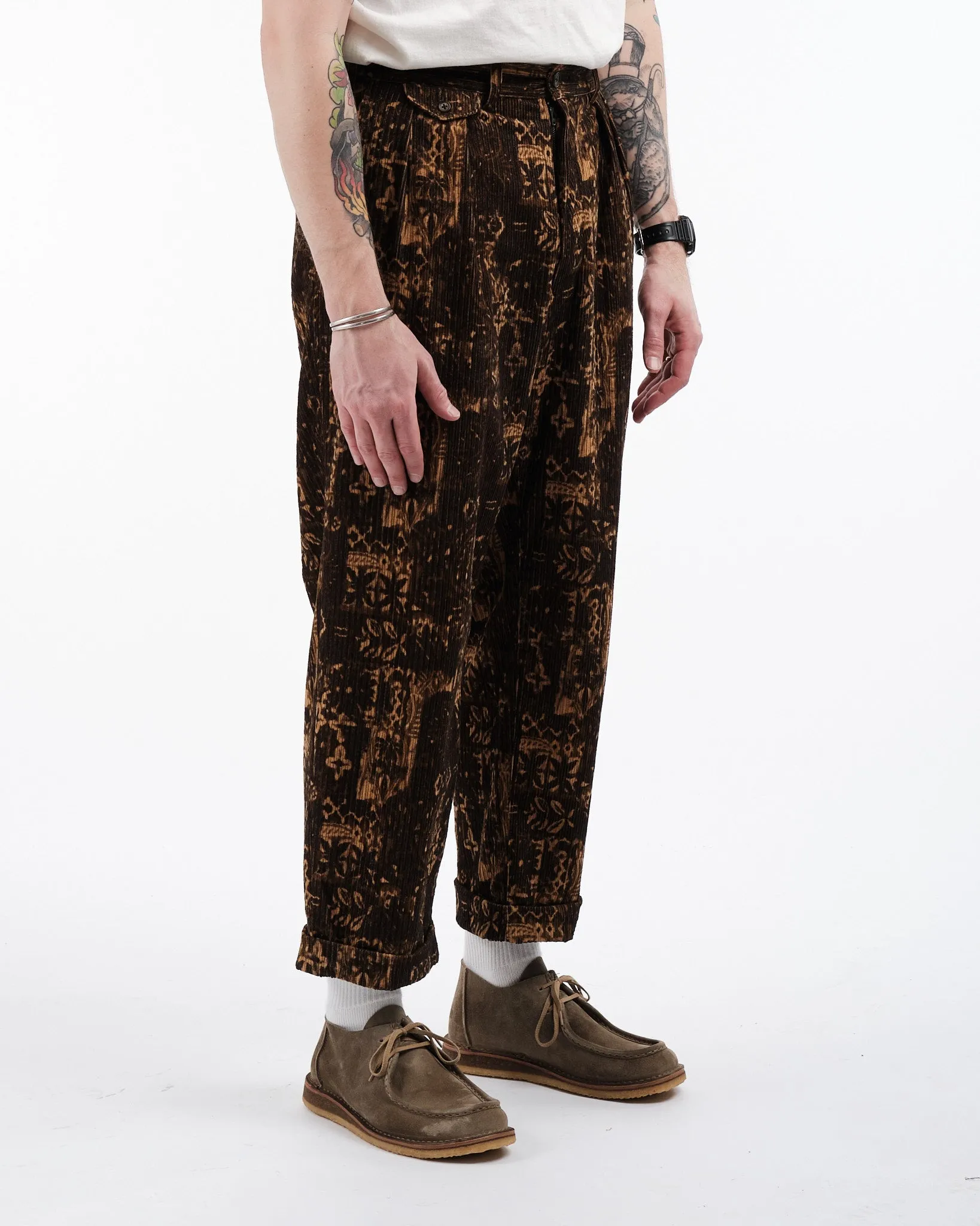 2 Pleats Trousers Corduroy Print Brown