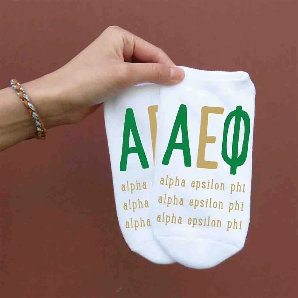 Alpha Epsilon Phi Sorority Socks with Large Greek Letters, Printed on No Show Socks