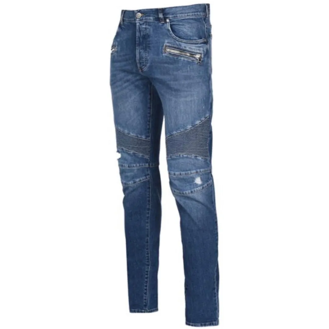 Balmain Ribbed Knees Blue Jeans