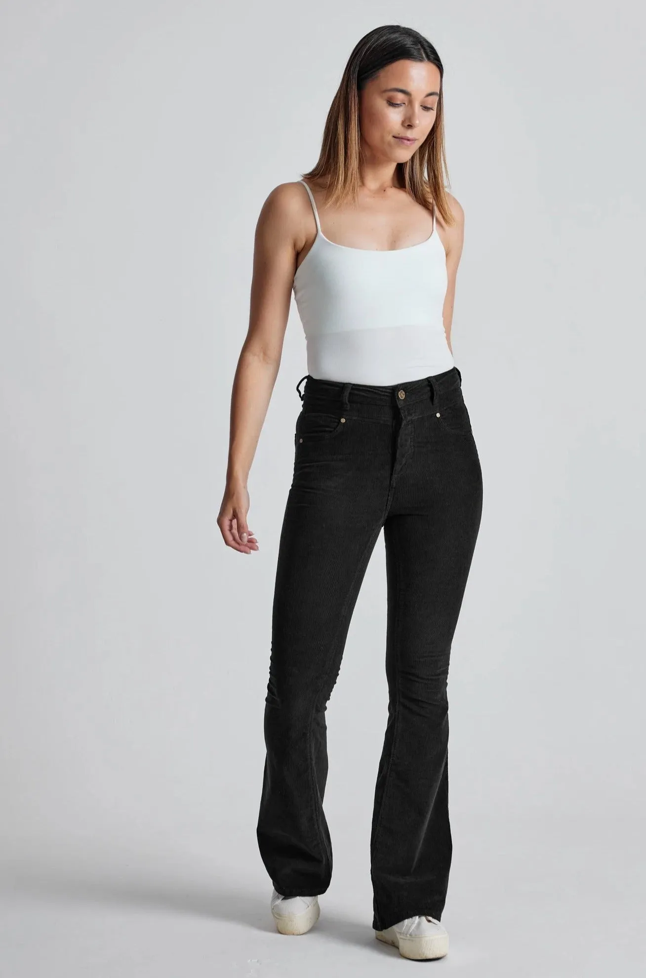 Black Babycord Mavis High Waisted Skinny Flared Jeans - GOTS Certified Organic Cotton and Elastane