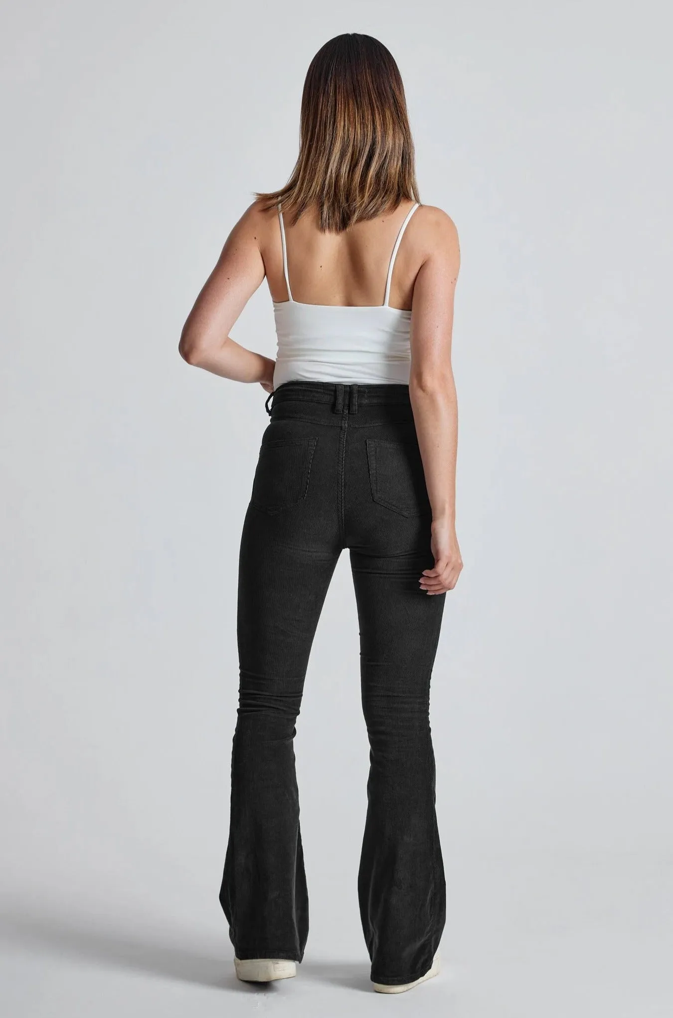 Black Babycord Mavis High Waisted Skinny Flared Jeans - GOTS Certified Organic Cotton and Elastane