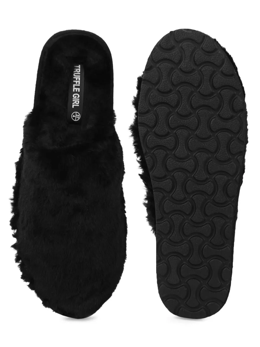 Black Faux Fur Fuzzy Slip Ons