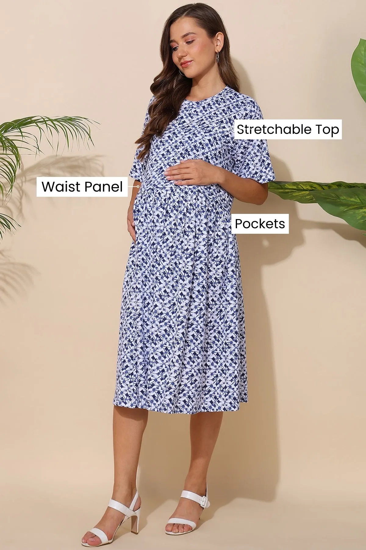 Blue All Over Printed 100% Soft Cotton Zipless Maternity Feeding Dress