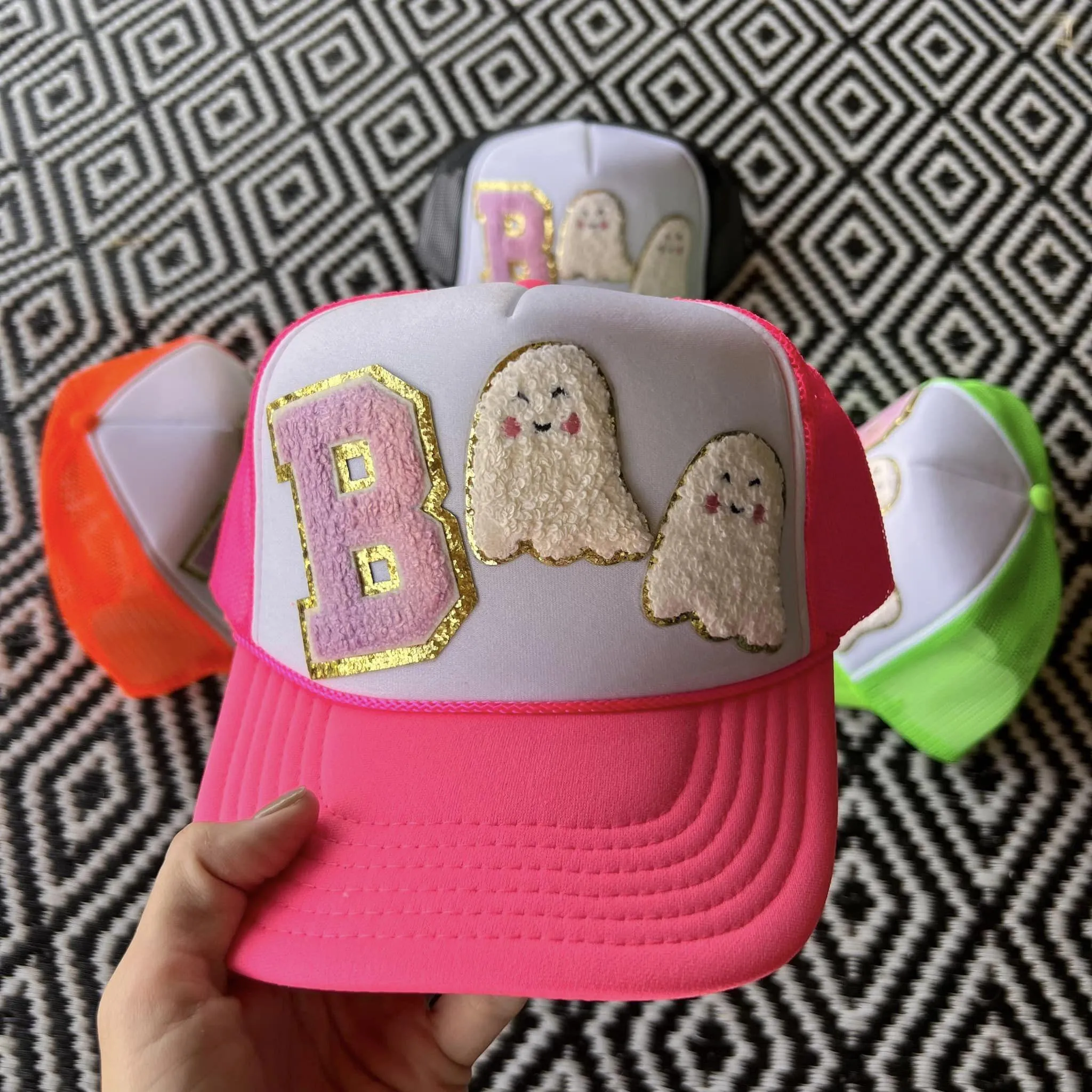 Boo Chenille Trucker Hats in Neon Orange