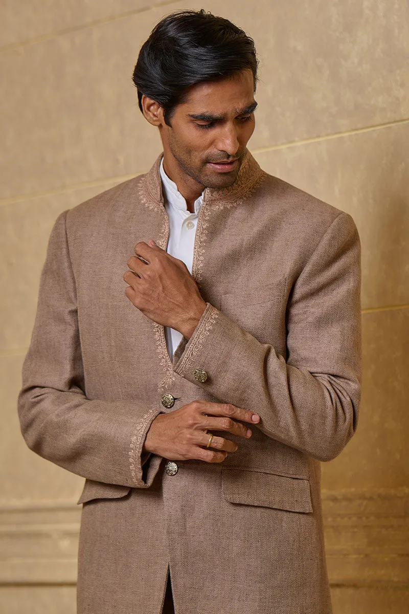 Brown Linen Bandhgala With Tonal Dori Embroidery