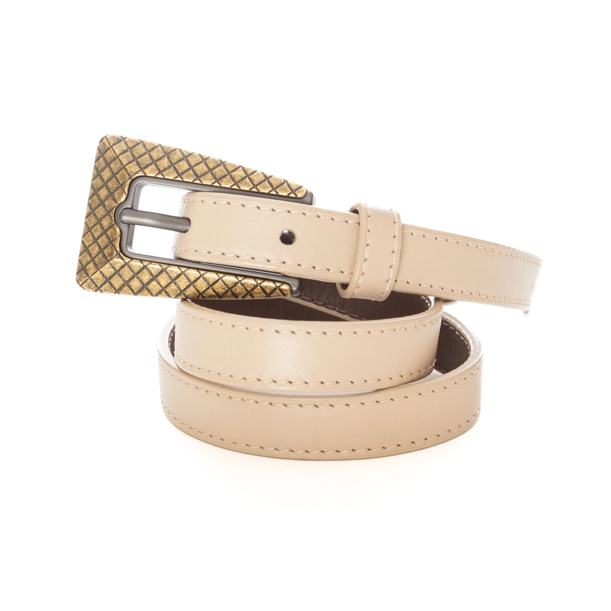 Cream Leather Oxidized Buckle Two-Tone Belt 65cm