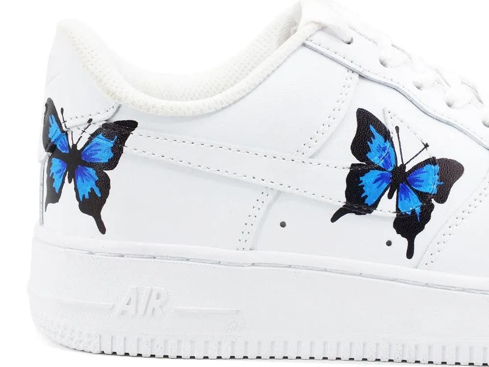 CUSTOM / NIKE Air Force 1 Sneaker AF1 Butterfly Farfalle White Blue 315115-112