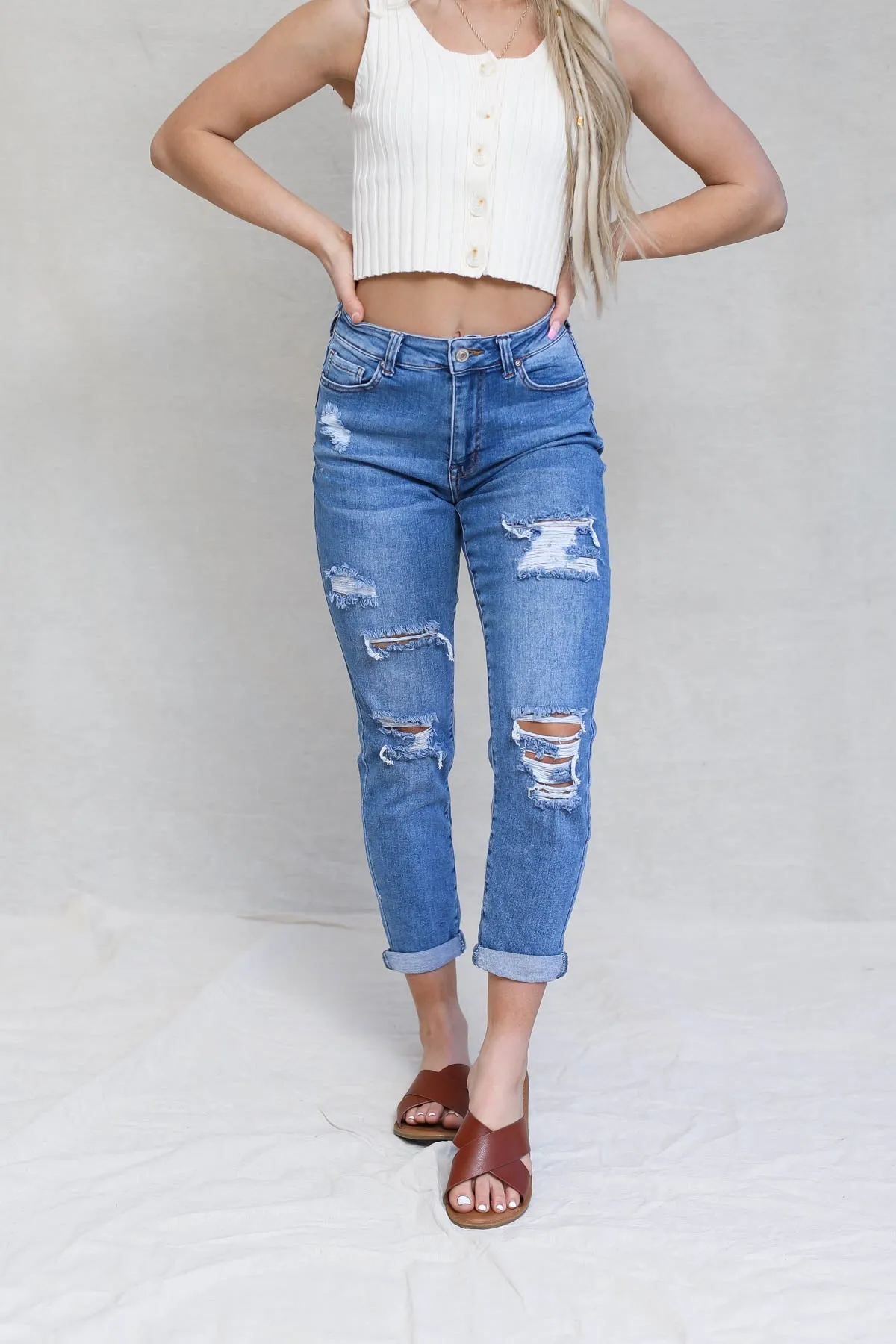 Distressed Cuffed Mom Jeans