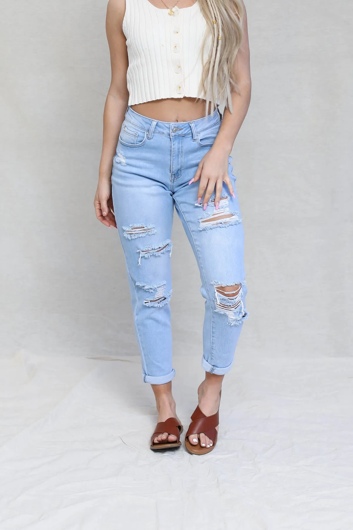 Distressed Cuffed Mom Jeans