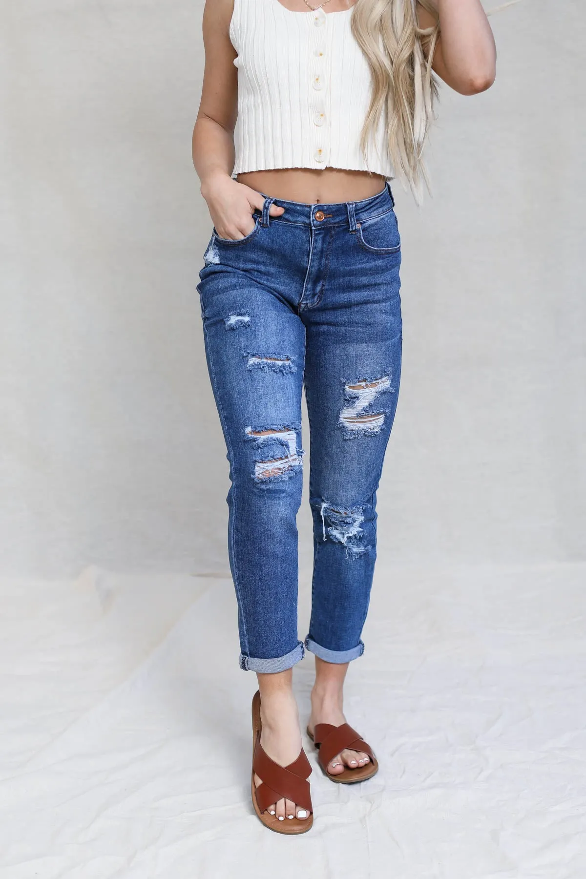 Distressed Cuffed Mom Jeans