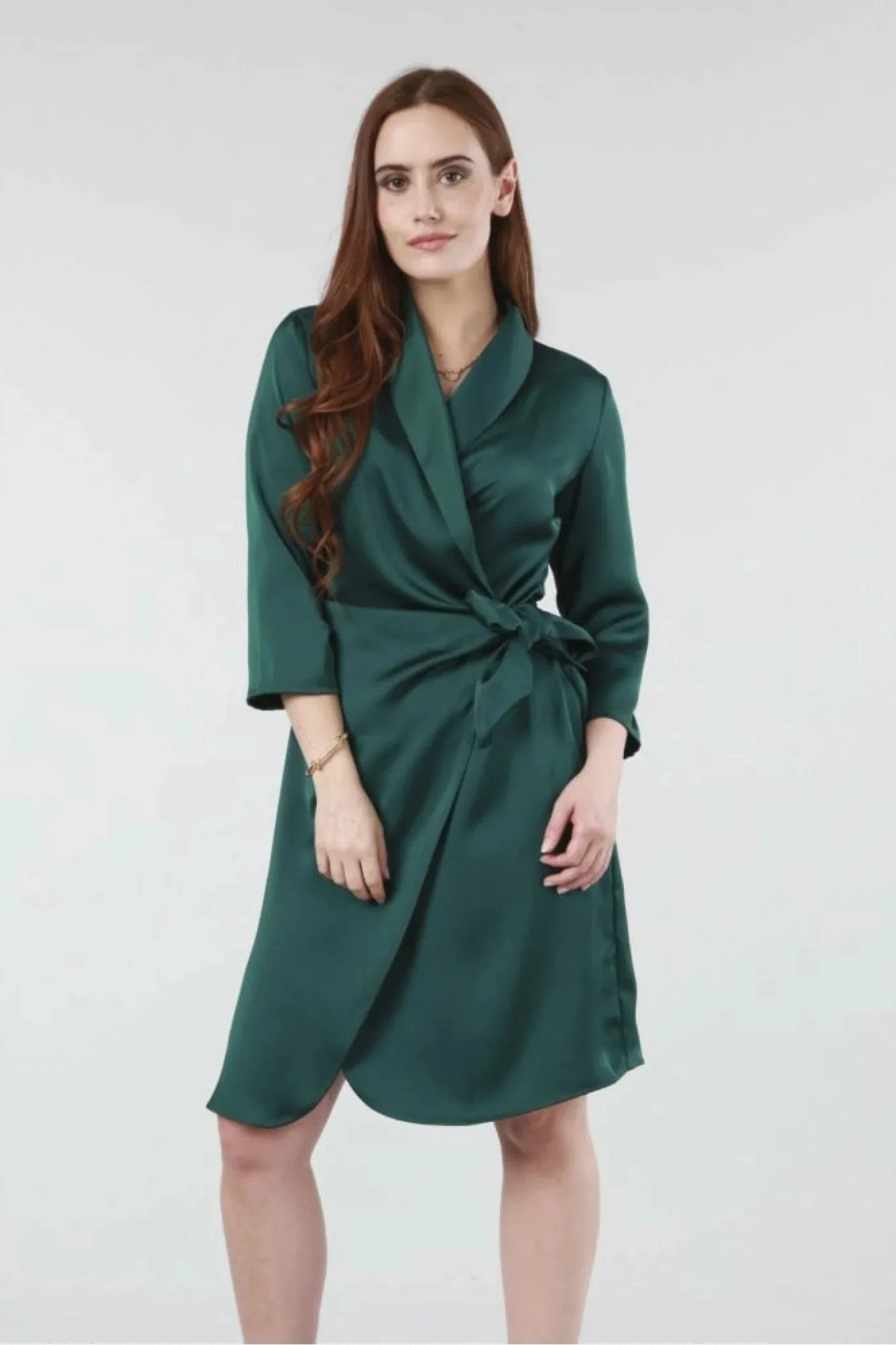 Double Second Green Wrap Belted Satin Dress