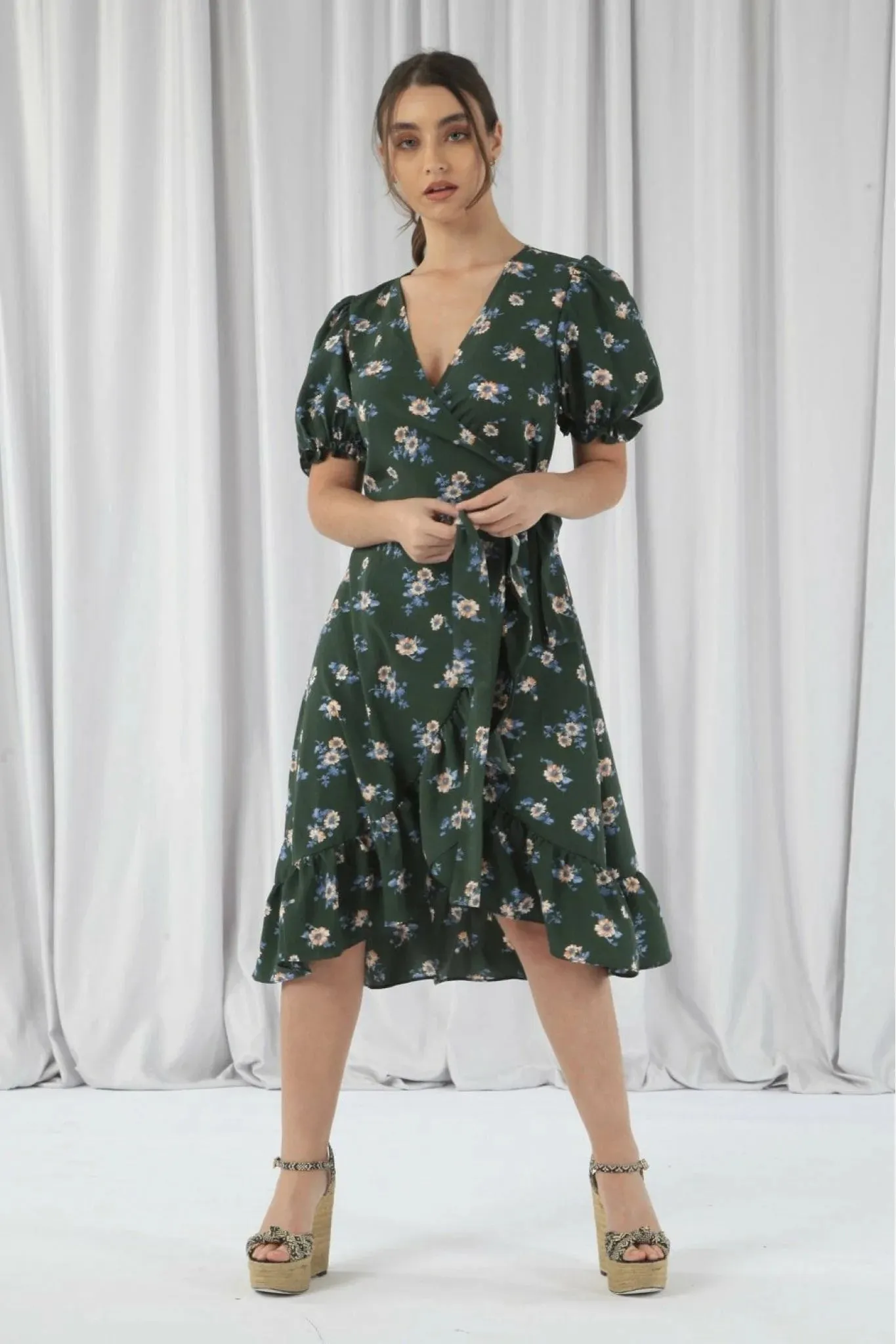 Double Second Printed Puff Sleeve Wrap Dress