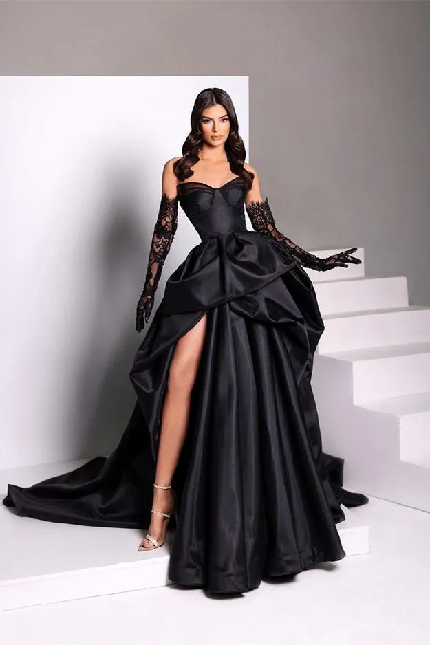 Elegant Black Taffeta Prom Dress with Sweetheart Neckline and Lace Gloves