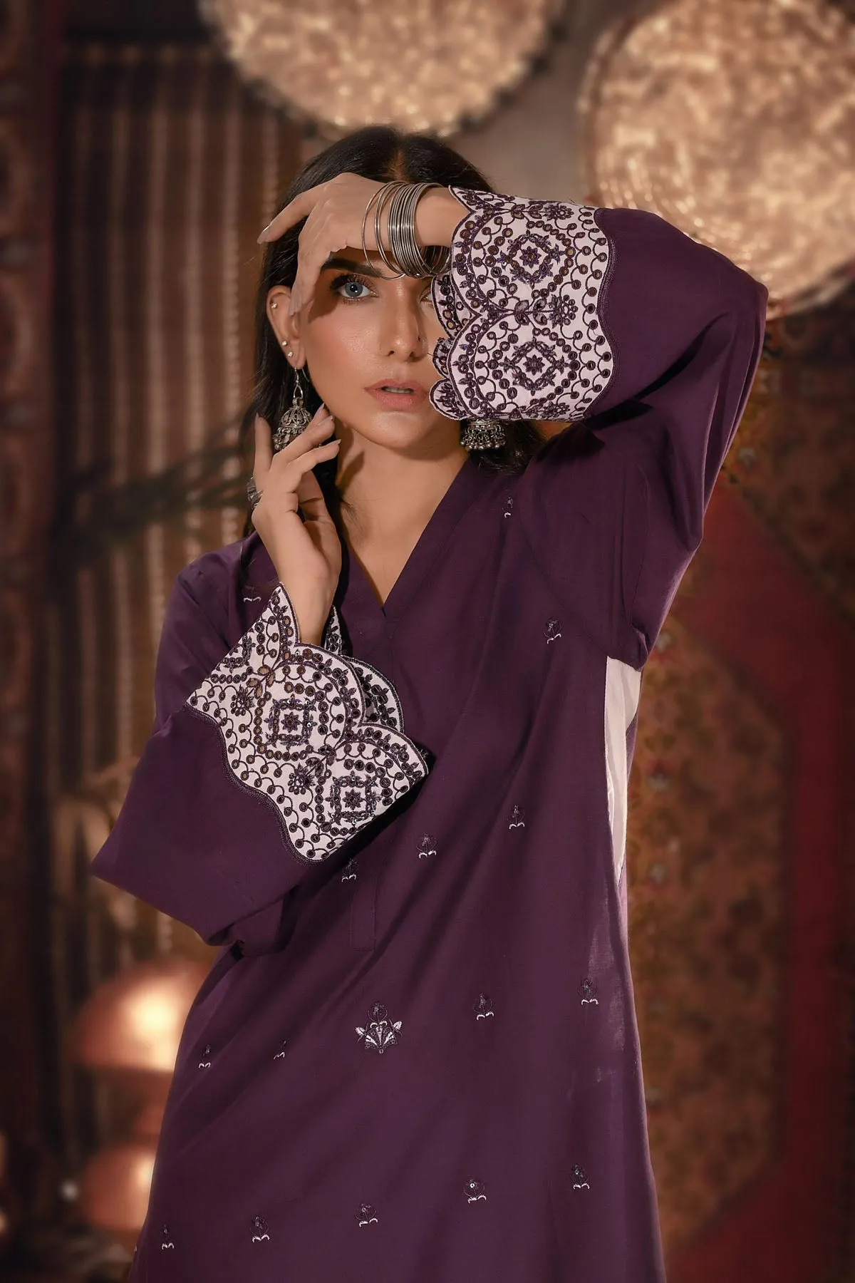 Embroidered Lawn Sleeves with Cotton trousers Plum Color - Addee REHAAM AFSHAN-E-JAHAN