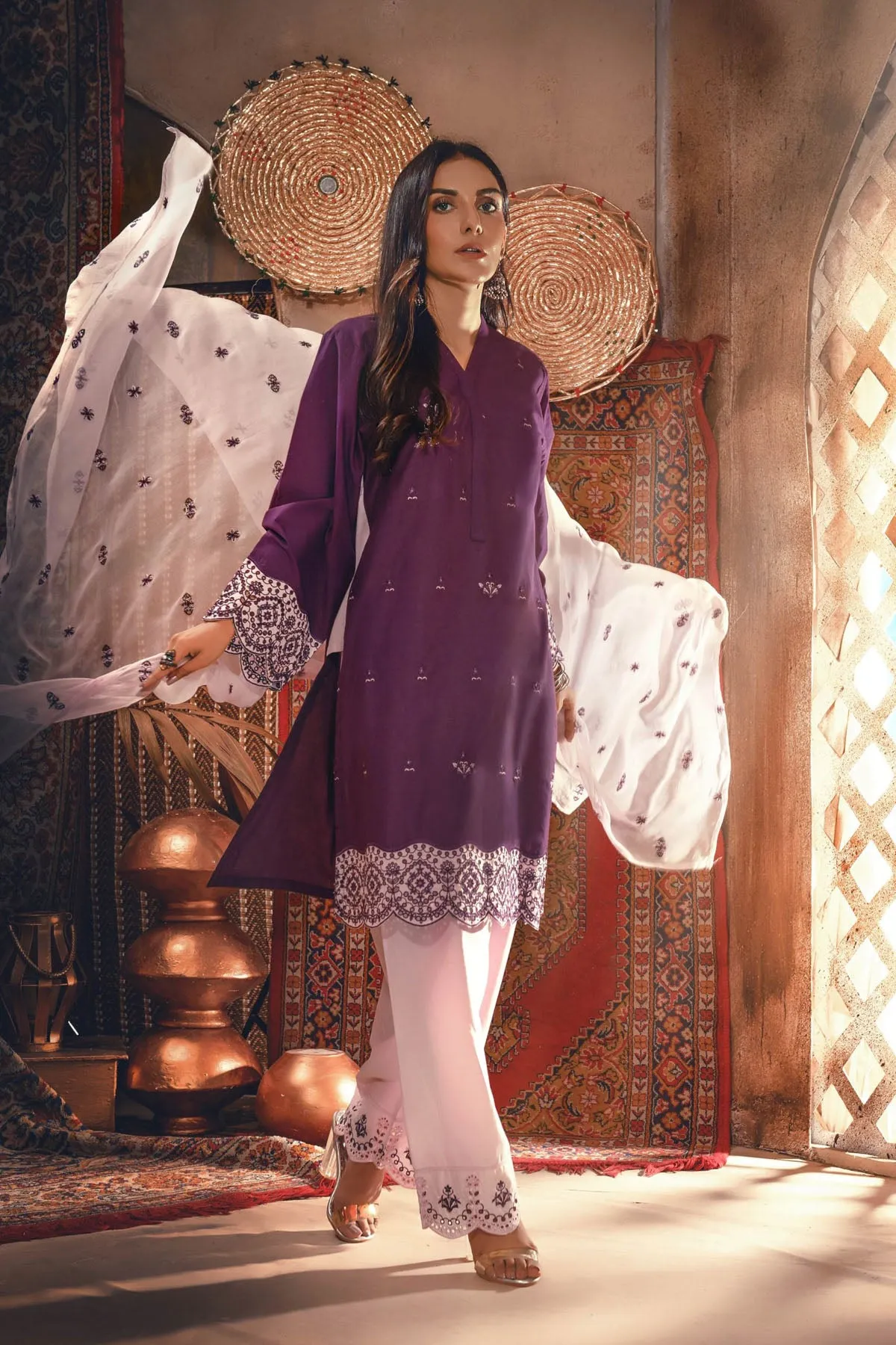 Embroidered Lawn Sleeves with Cotton trousers Plum Color - Addee REHAAM AFSHAN-E-JAHAN