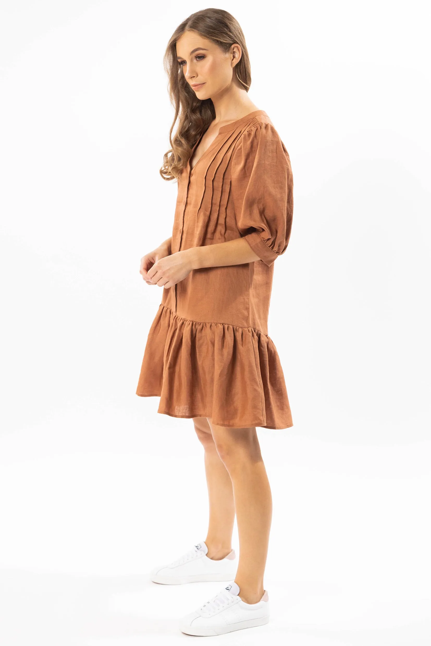 Fun Loving Rust Linen Buttoned Neck Puff SS Frill Hem Dress