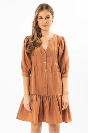 Fun Loving Rust Linen Buttoned Neck Puff SS Frill Hem Dress