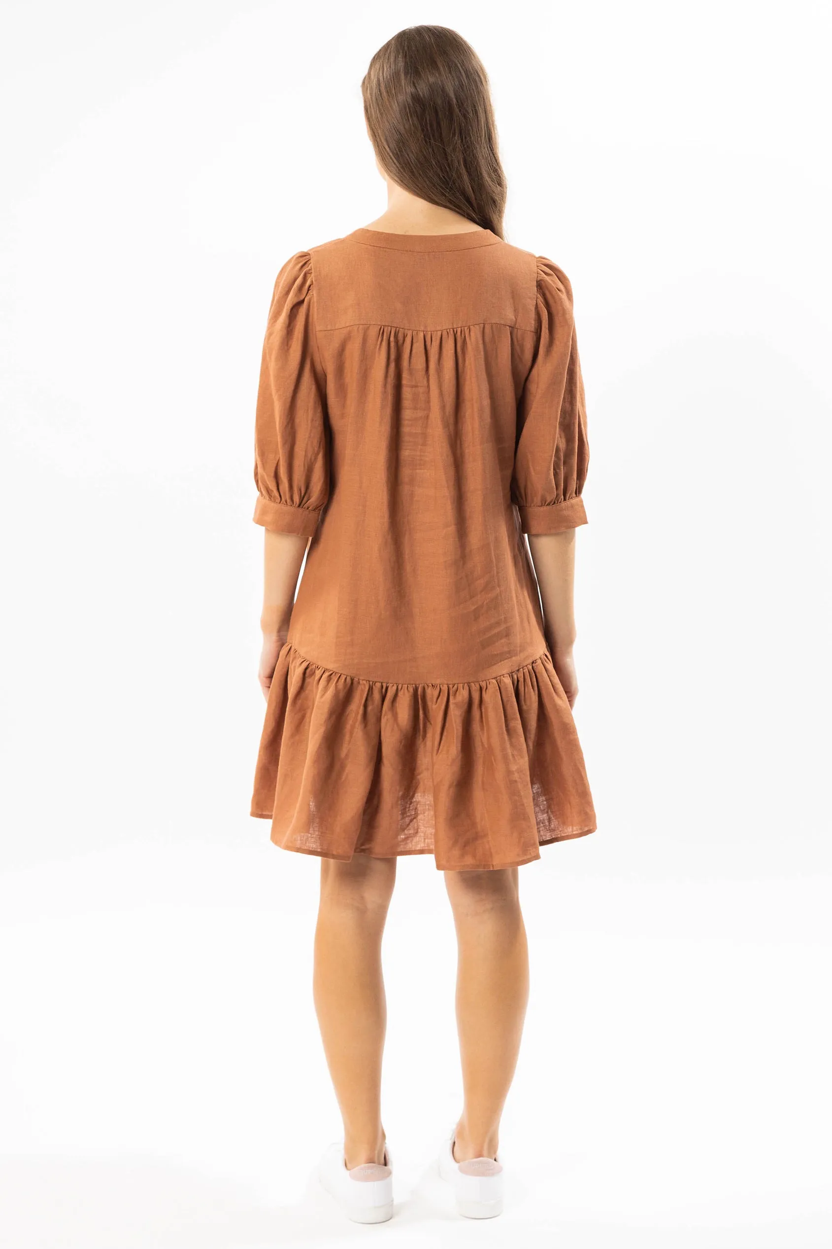 Fun Loving Rust Linen Buttoned Neck Puff SS Frill Hem Dress