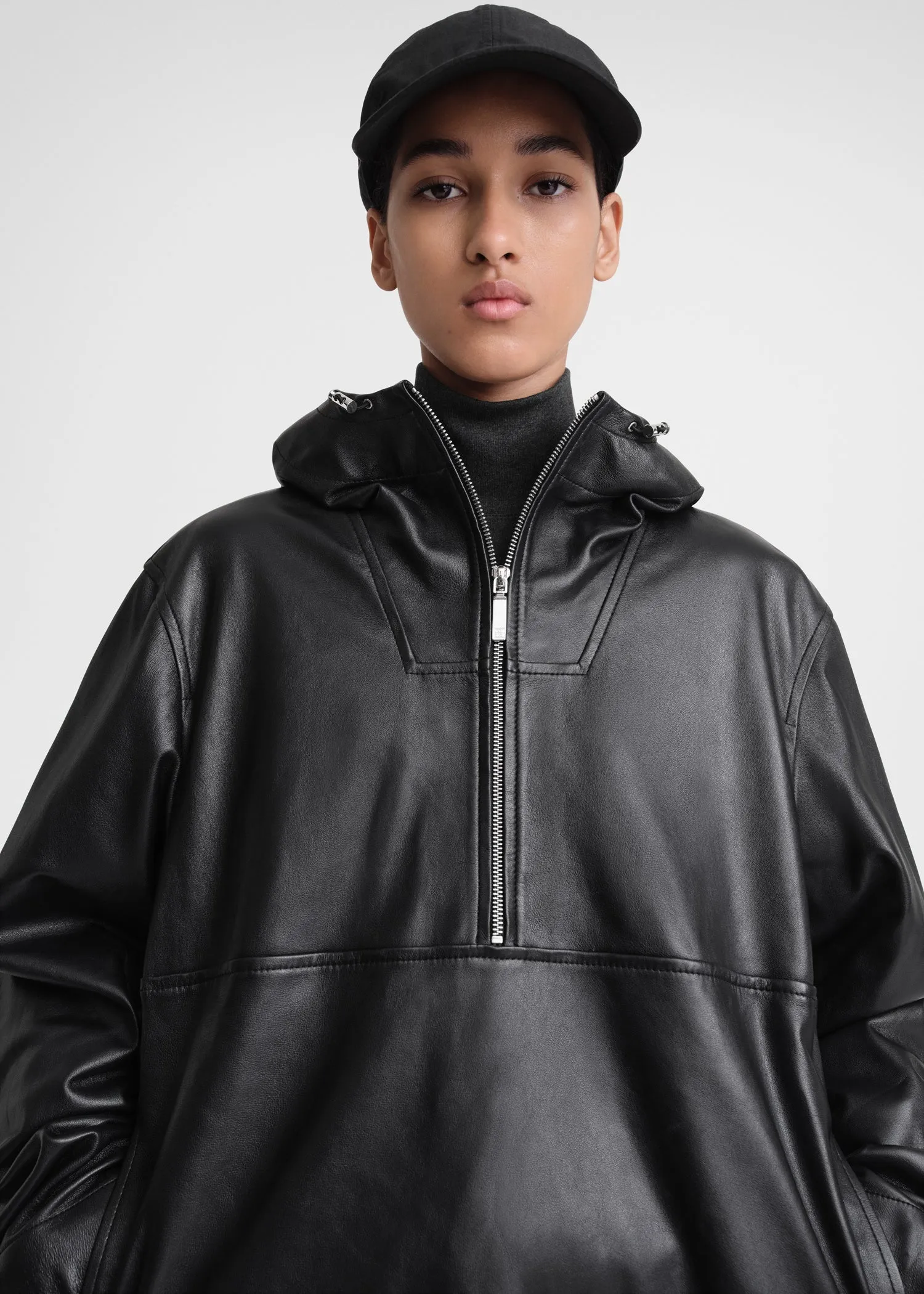 Half-zip leather anorak black