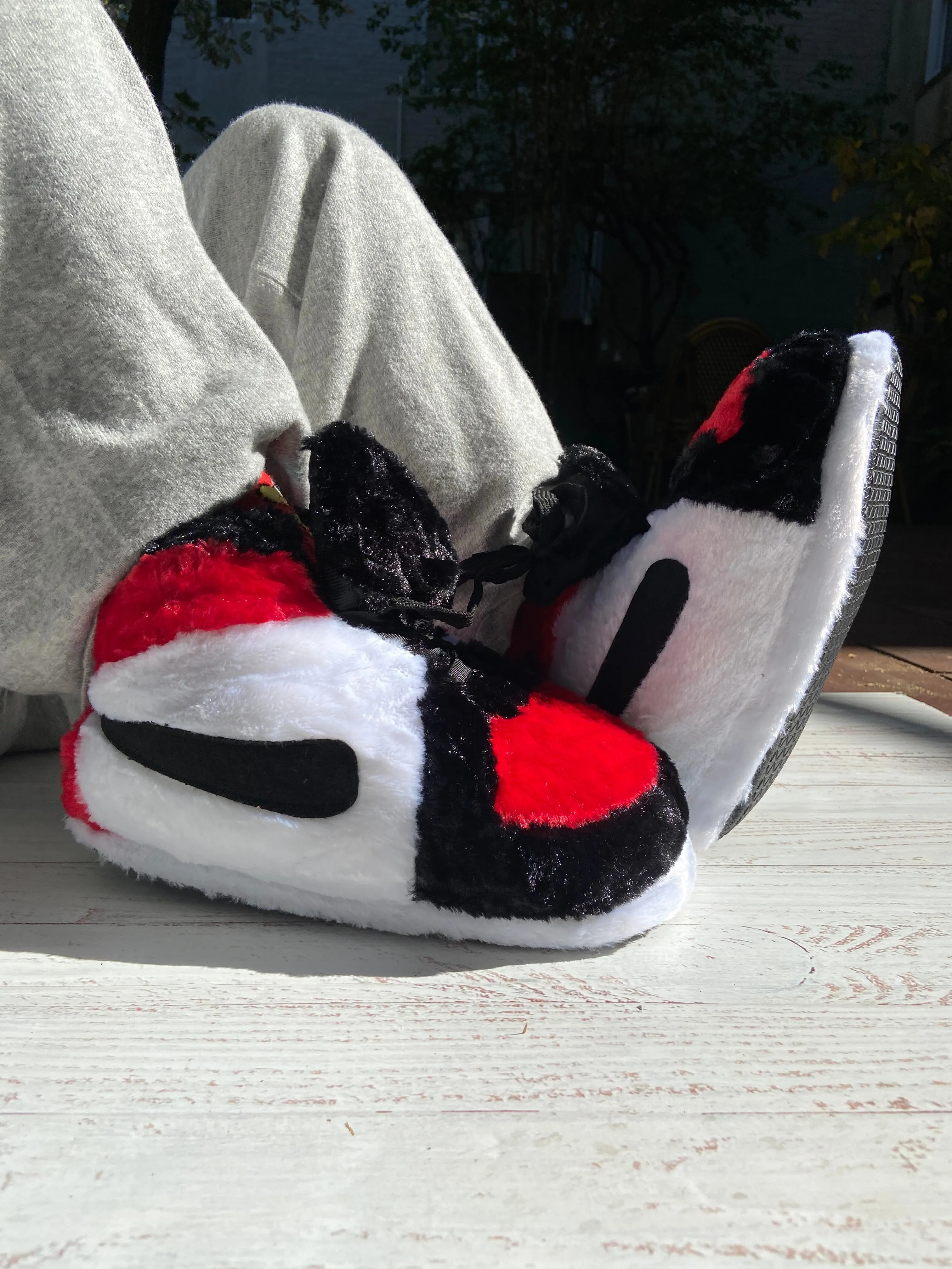 Hosiery | Slippers- High Top Plush Sneakers- Black/White/Red | Showcase