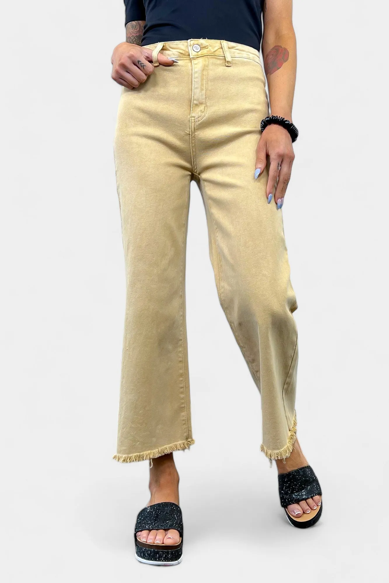 Mustard Acid Wash Frayed Jeans