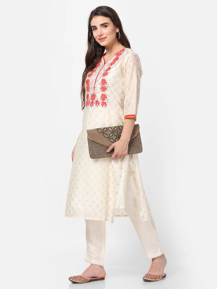 Off White Embroidered Kurta With Trouser