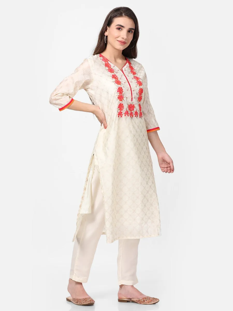 Off White Embroidered Kurta With Trouser