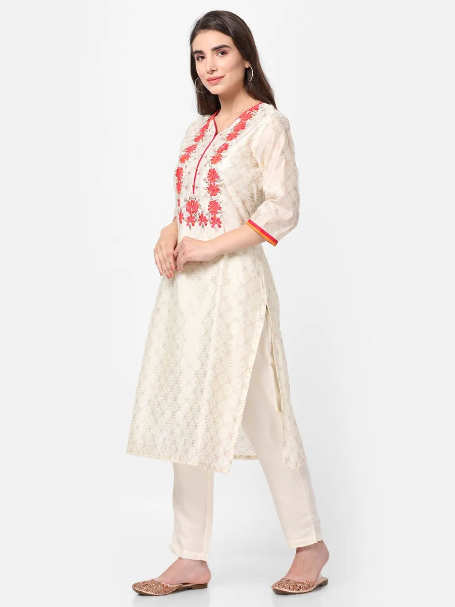 Off White Embroidered Kurta With Trouser