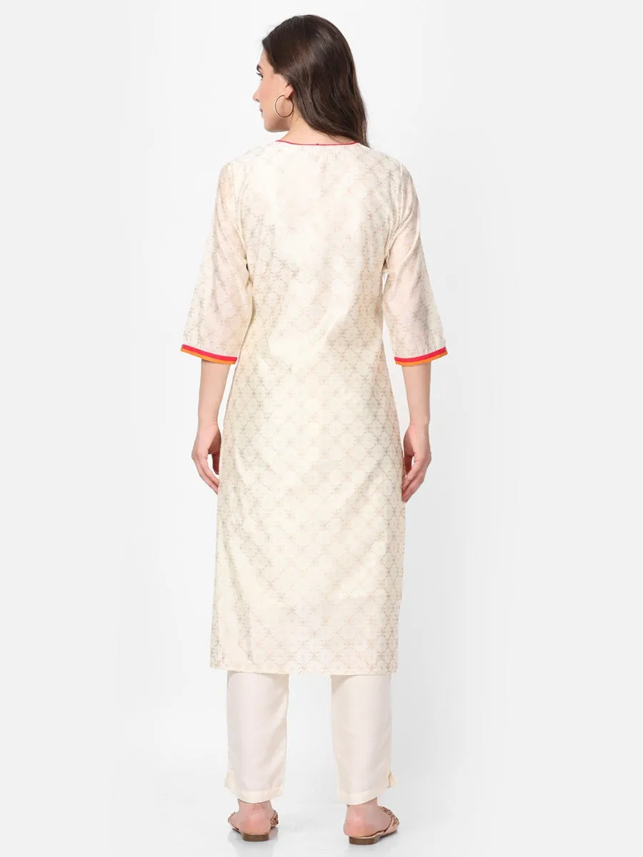 Off White Embroidered Kurta With Trouser