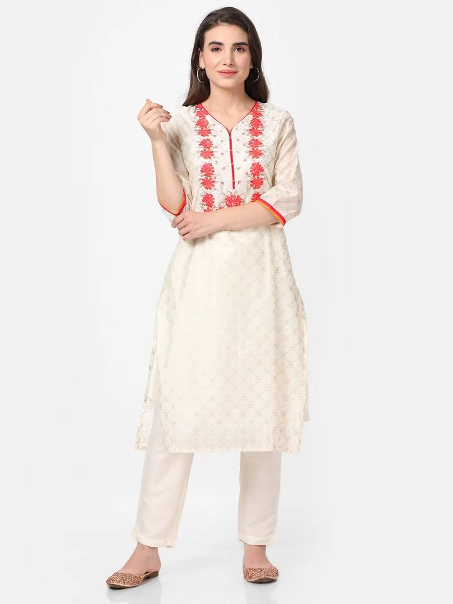 Off White Embroidered Kurta With Trouser