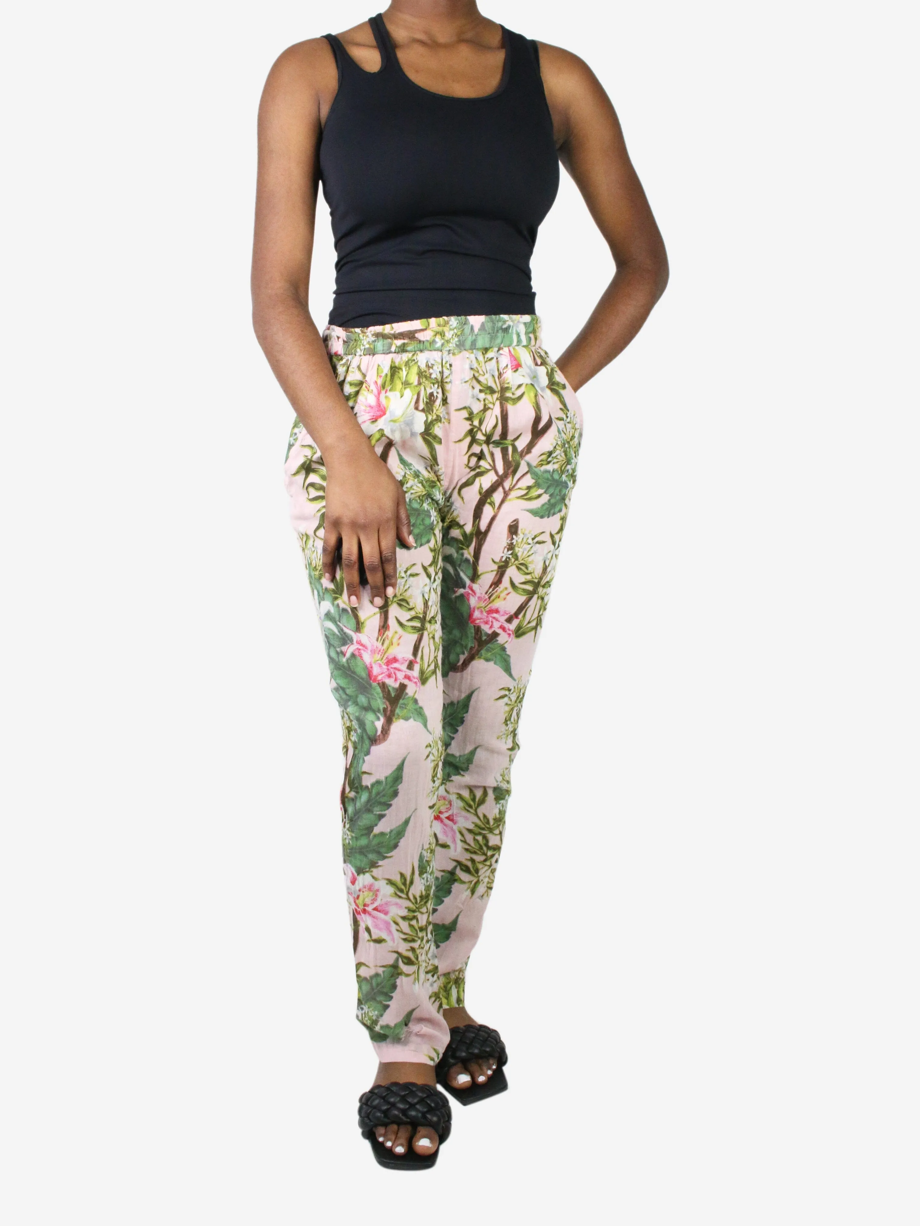 Pink floral lightweight drawstring trousers - size UK 10