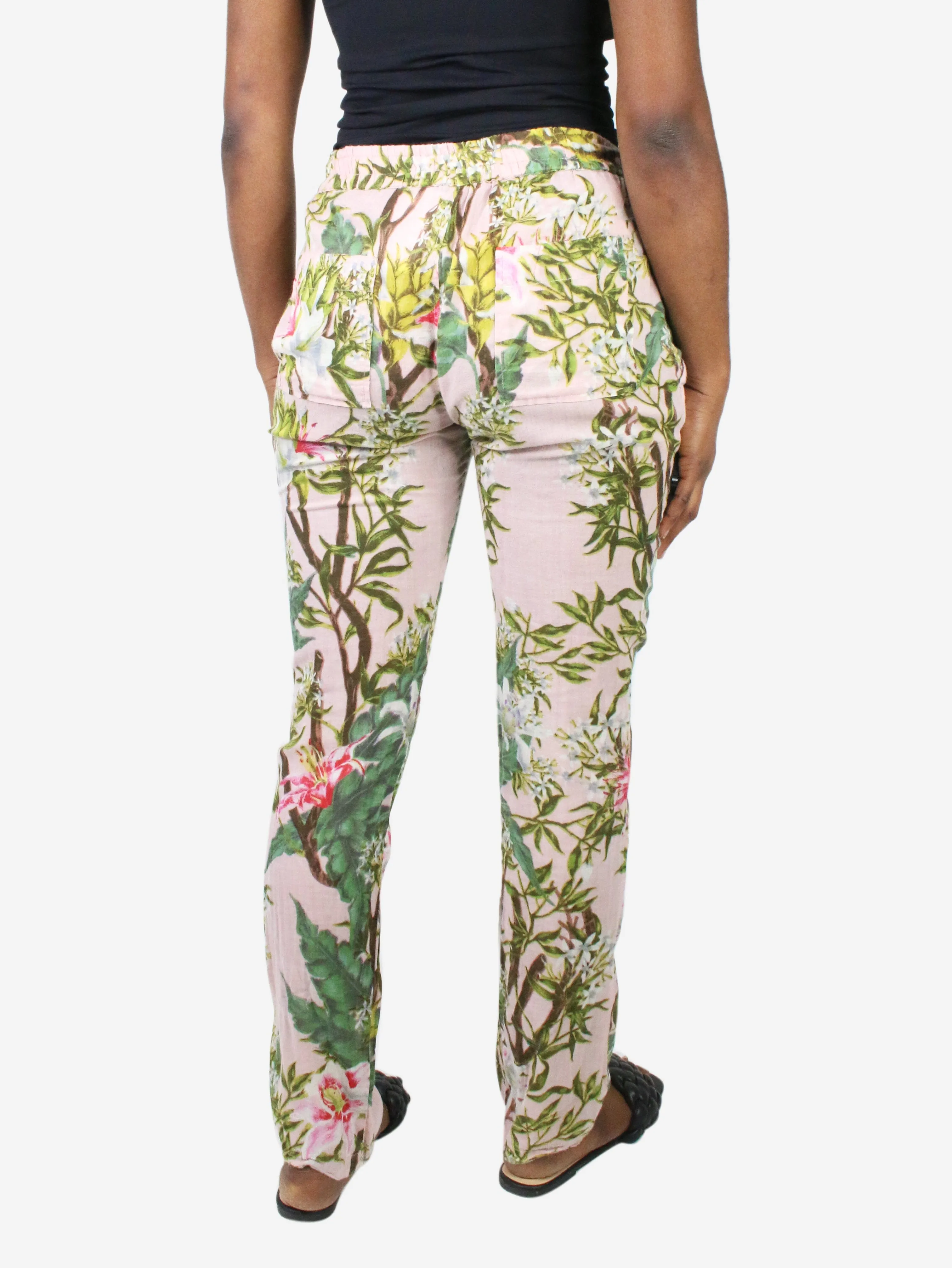 Pink floral lightweight drawstring trousers - size UK 10