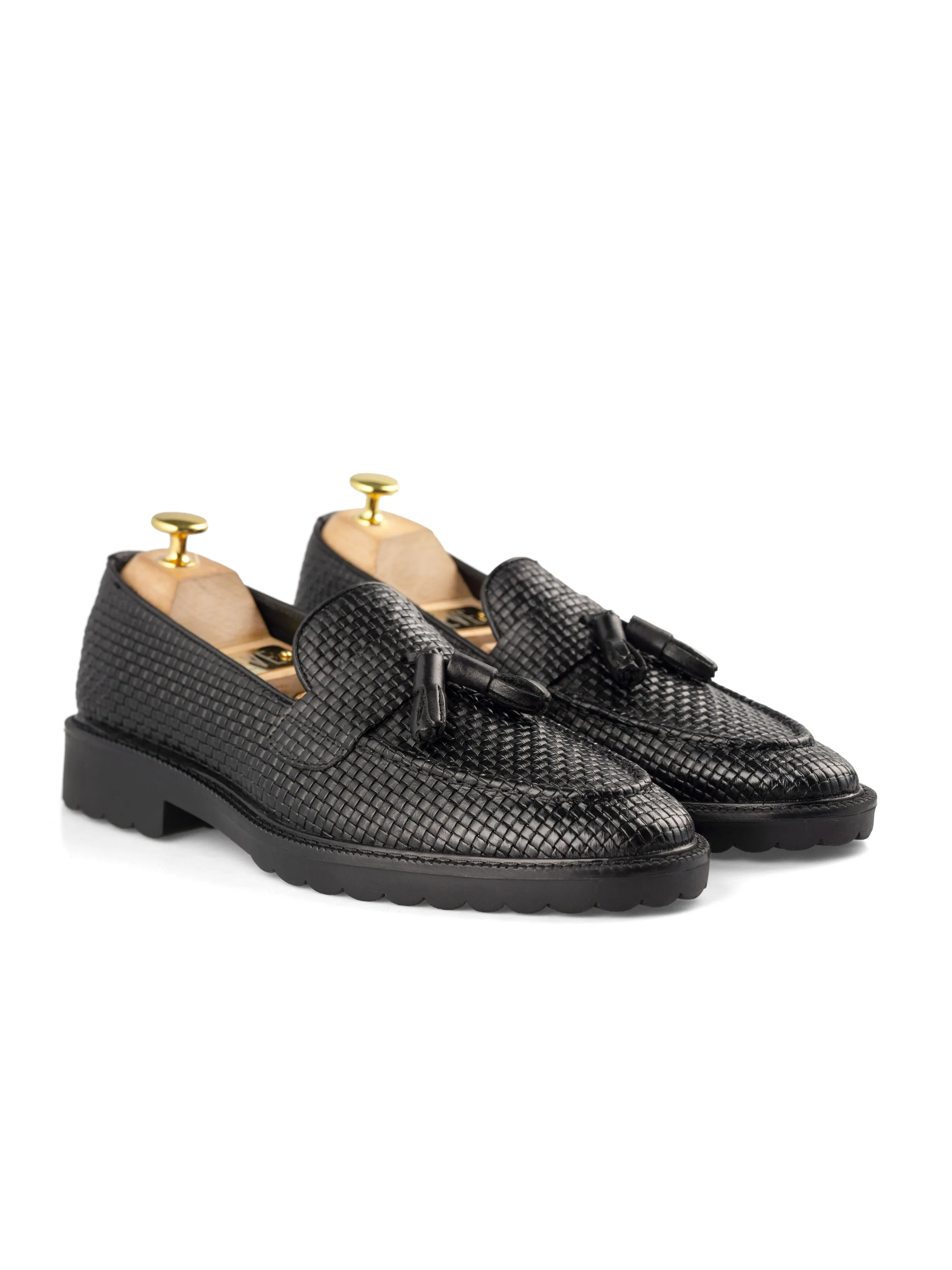 Rocky Tassel Loafer - Black Woven Leather (Combat Sole)