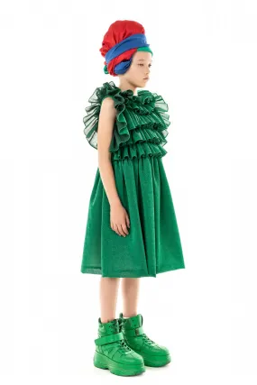 RUFFLE YOKE GREEN DRESS