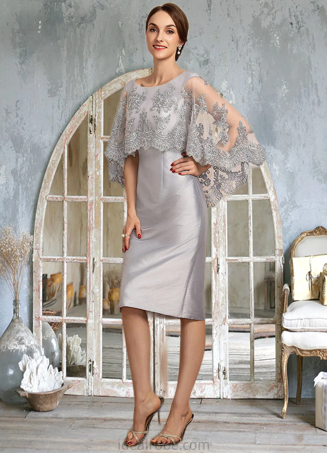 Shayna Sheath/Column Scoop Neck Knee-Length Taffeta Lace Mother of the Bride Dress With Beading Sequins STK126P0014886