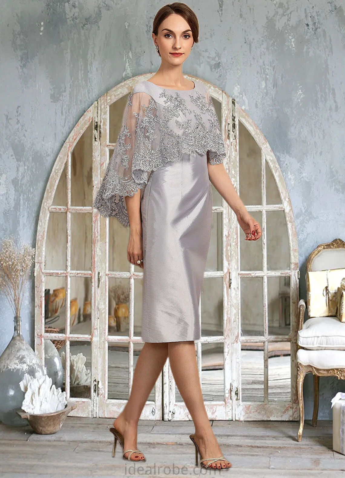 Shayna Sheath/Column Scoop Neck Knee-Length Taffeta Lace Mother of the Bride Dress With Beading Sequins STK126P0014886