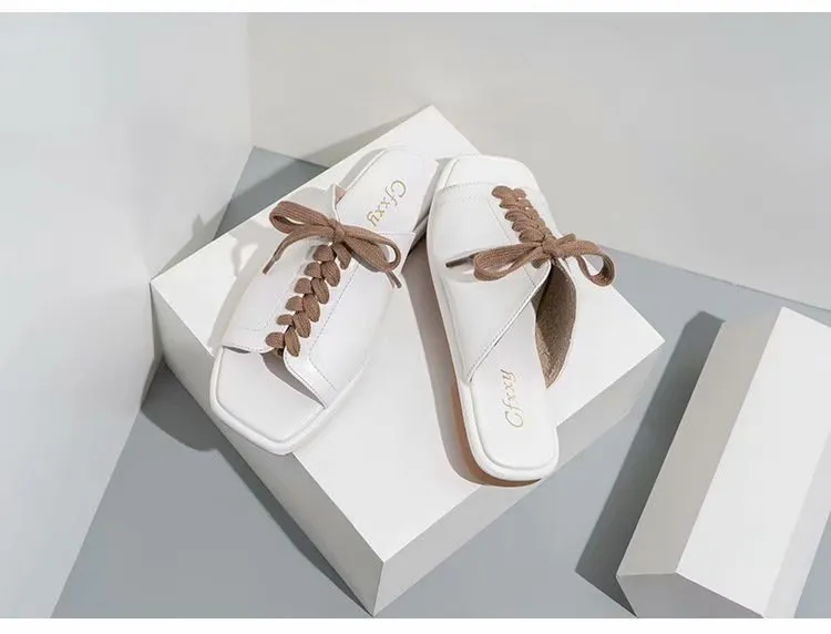 Square Toe Open Toe Bowknot Flat Slippers