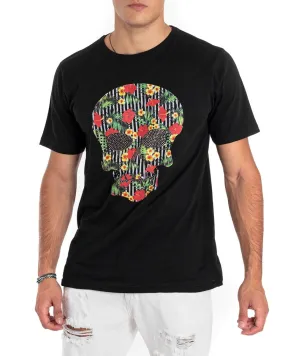 T-Shirt Uomo MOD Lunga Stampa Scheletro Nera Decoro Fiori Mezza Manica GIOSAL TS2658A