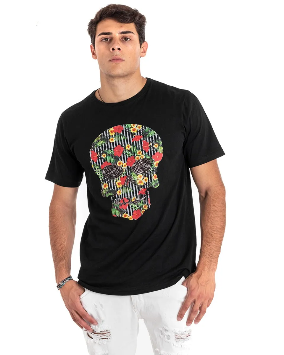 T-Shirt Uomo MOD Lunga Stampa Scheletro Nera Decoro Fiori Mezza Manica GIOSAL TS2658A