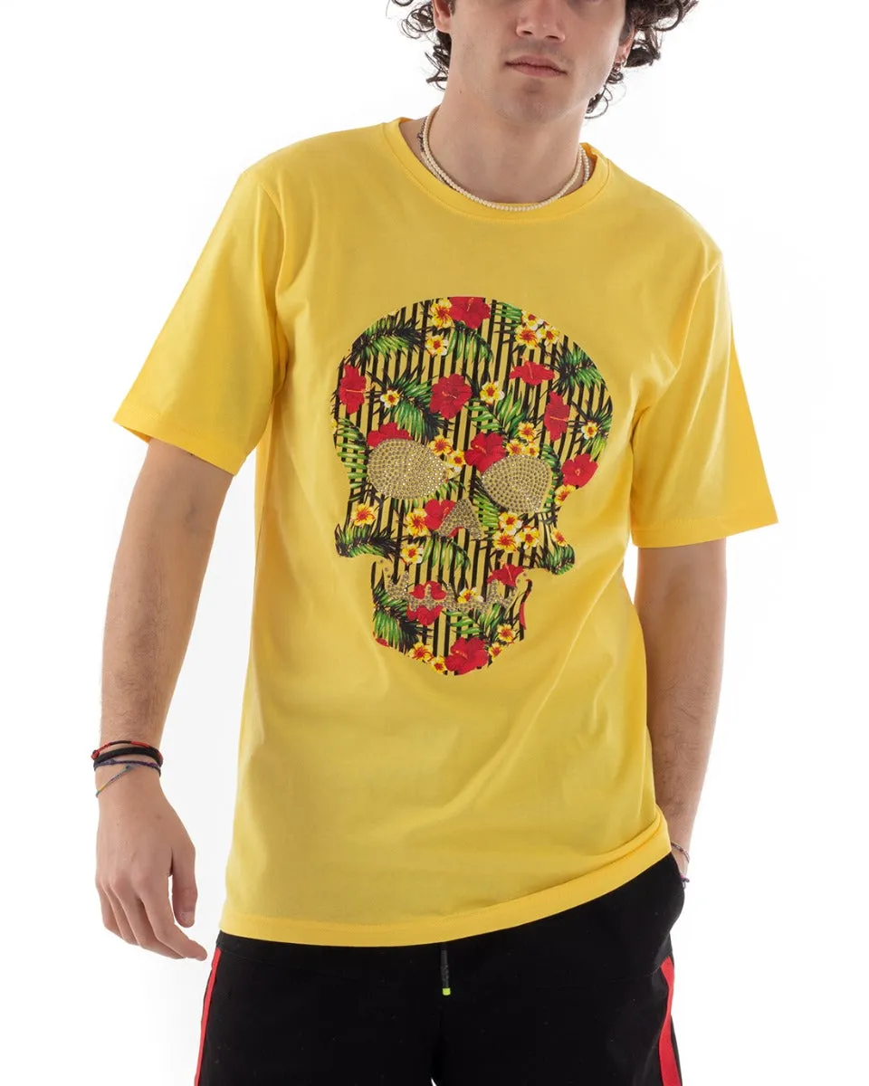 T-Shirt Uomo MOD Stampa Teschio Gialla Fiori Mezza Manica GIOSAL