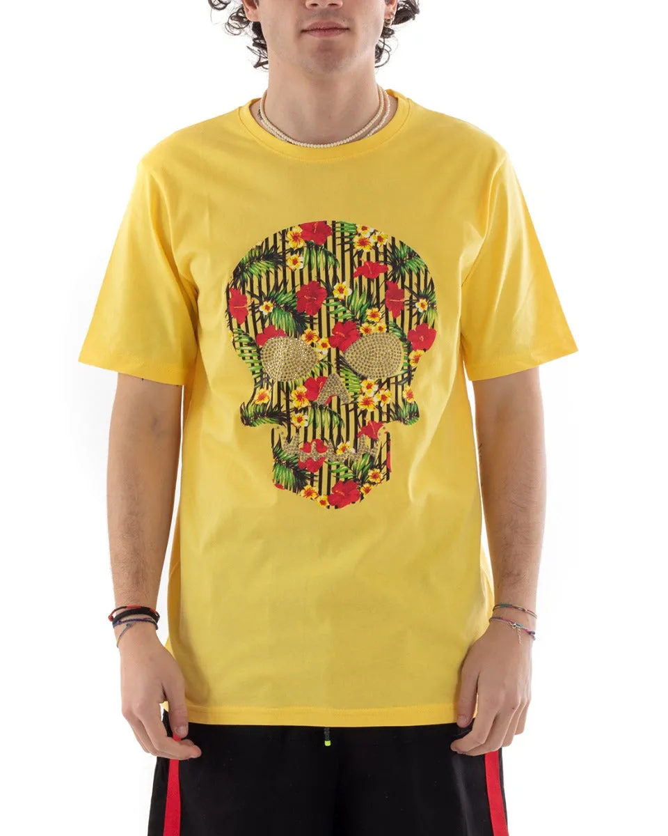 T-Shirt Uomo MOD Stampa Teschio Gialla Fiori Mezza Manica GIOSAL