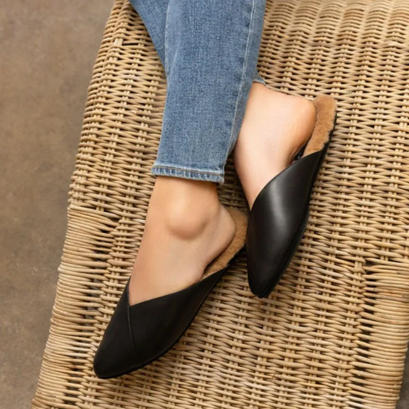 Valentina Slipper Mule in Black Leather