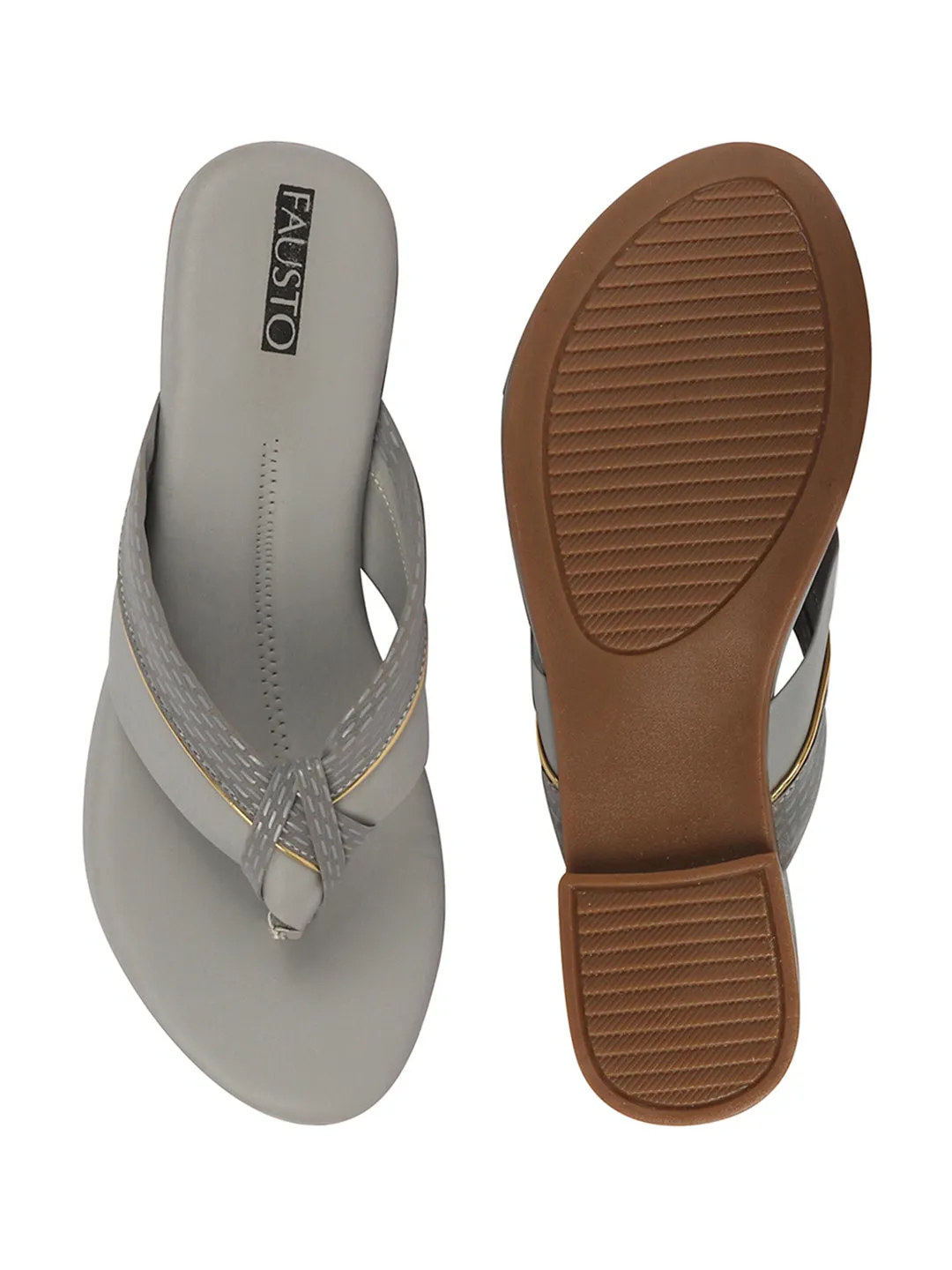 Women Grey T-Strap Thong Slip On Flats Slippers