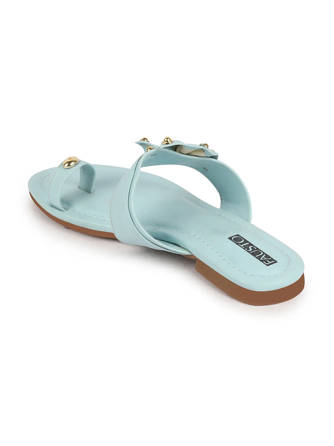 Women Sky Blue Bow Design Toe Ring Slip On Flats Slippers