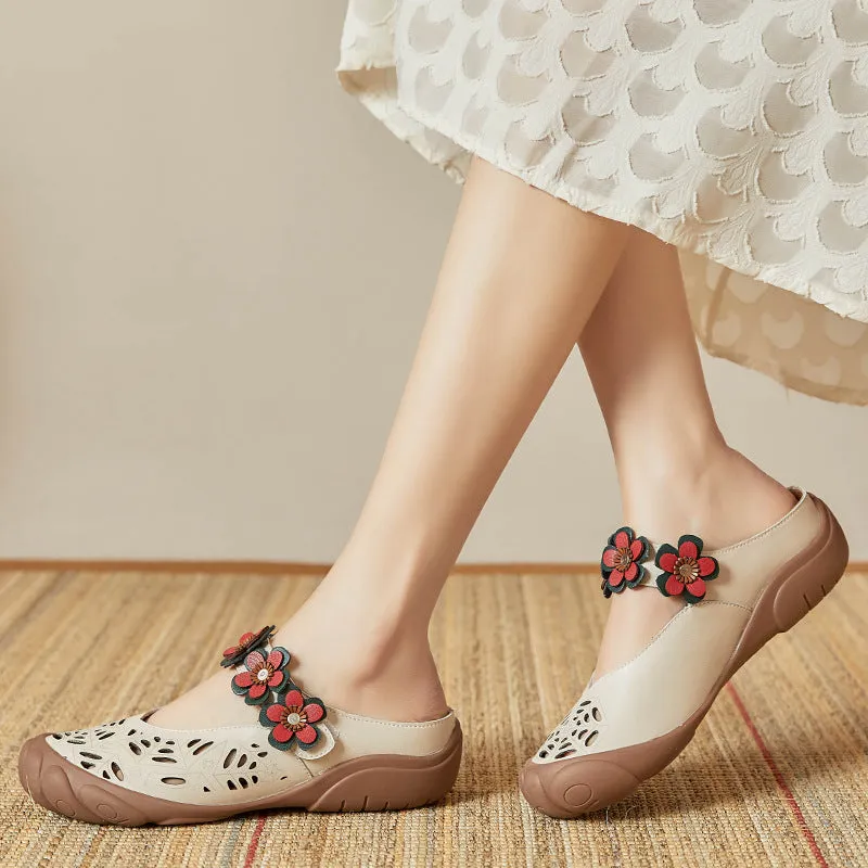 Women Summer Floral Leather Casual Slippers