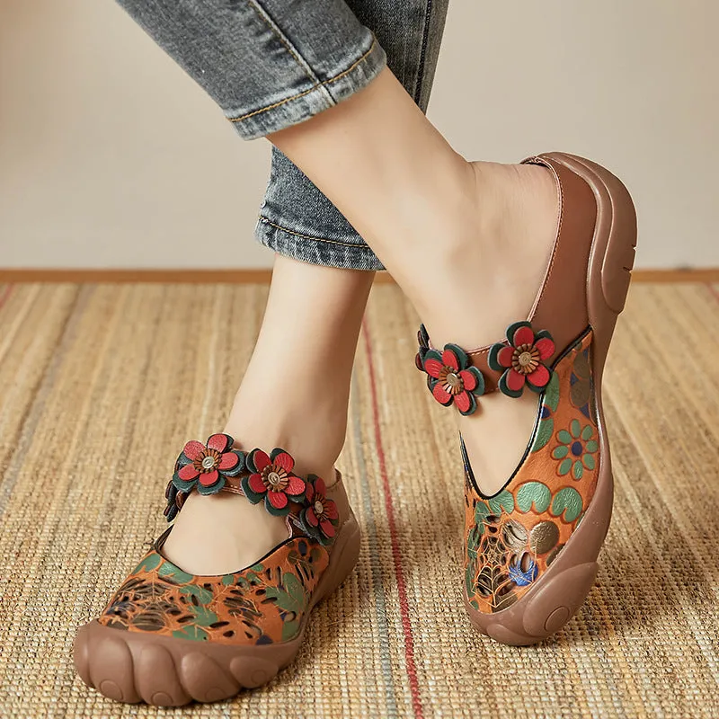 Women Summer Floral Leather Casual Slippers