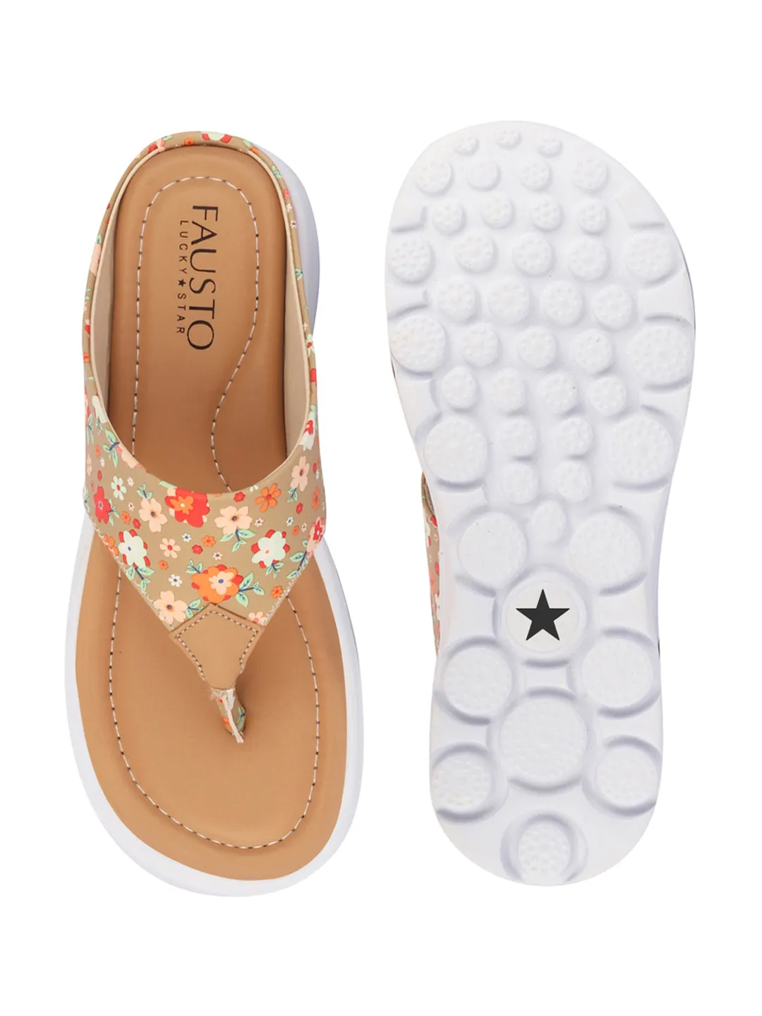 Women Tan Comfort Fashion Stylish Floral Print Design Strap Thong Flats Wedges Slipper